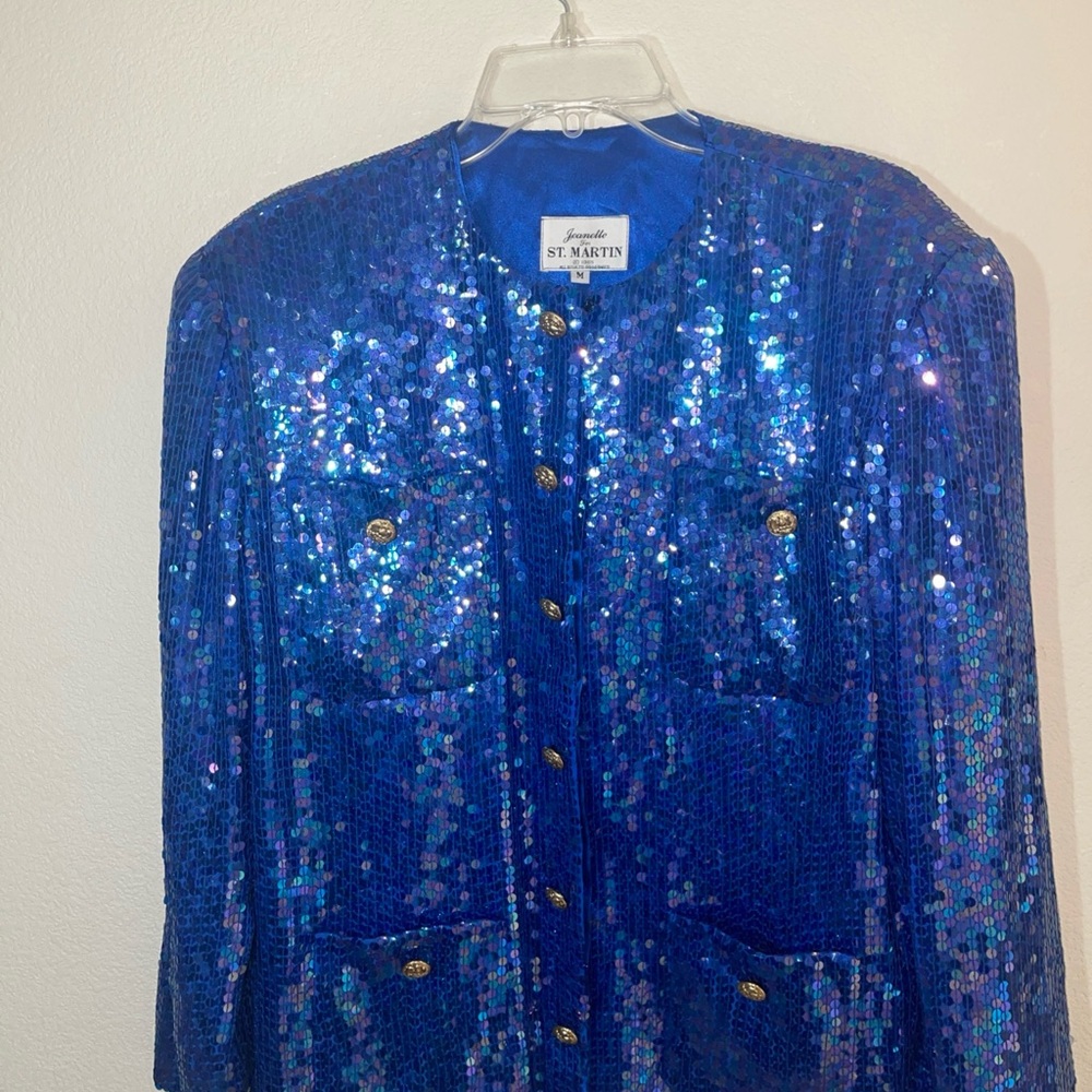 Jeanette For ST. Martin Vtg Women's Knit Blue Sequins Jacket Gold Button Size M